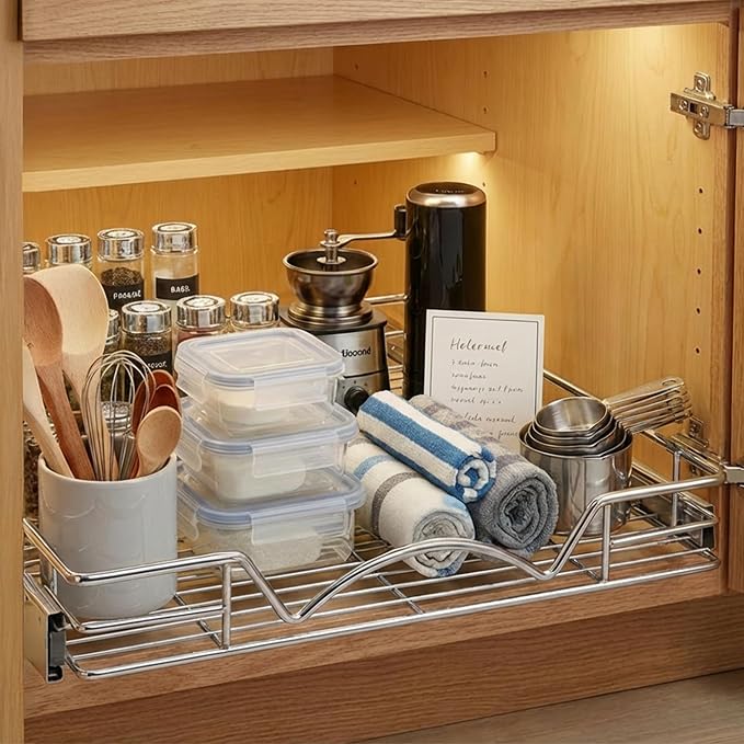 HOLDN’ STORAGE Pull Out Cabinet Organizer, 26”W x 21”D Cabinet Drawer | Heavy-Duty Caddy, Lifetime Limited Warranty, Steel Metal Cabinet Drawers, Chrome, Requires At Least 27-1/4” Cabinet Opening