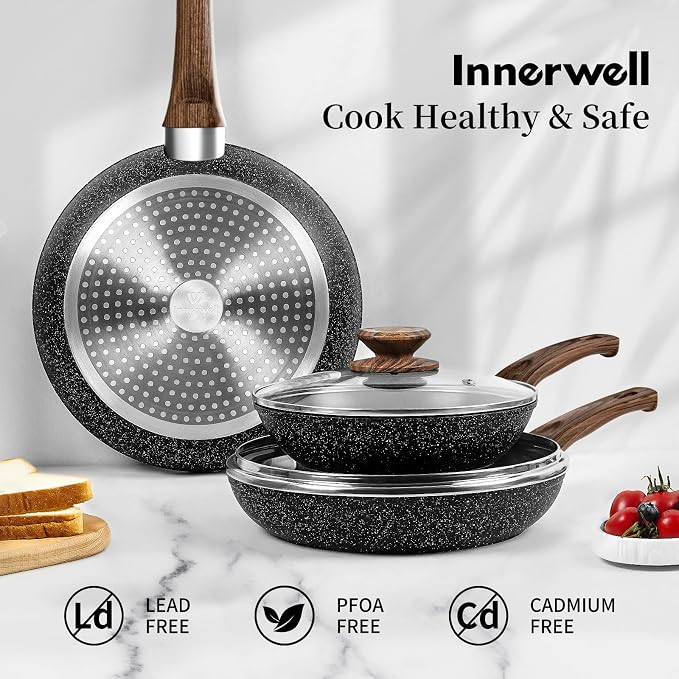 Innerwell Nonstick Ceramic Frying Pans Skillets Set with Lid 8"+9.5"+11" | No Toxic Egg Omelette Frying Pan, All Stove Compatible, Healthy Granite Induction Cooking Pan, PFOA & PFAS Free, Black