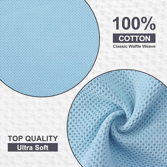 Kitinjoy 100% Cotton Waffle 6-Pack Kitchen Towels, 12" x 12", Sky Blue | Ultra Absorbent, Super Soft, lightweight, Quick Drying Dish Rags for Washing Dishes