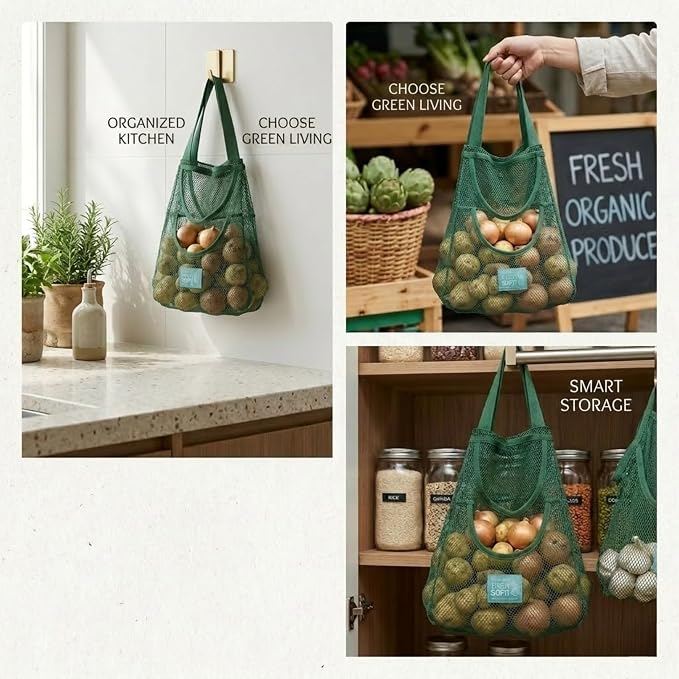 Durable Hanging Mesh Bags for Fruit & Vegetables. Reusable, Breathable Storage for Garlic, Potatoes & Pantry. Eco-Friendly Kitchen Organizer & Decor (1 normal blue bag & 1 extra large blue bag)