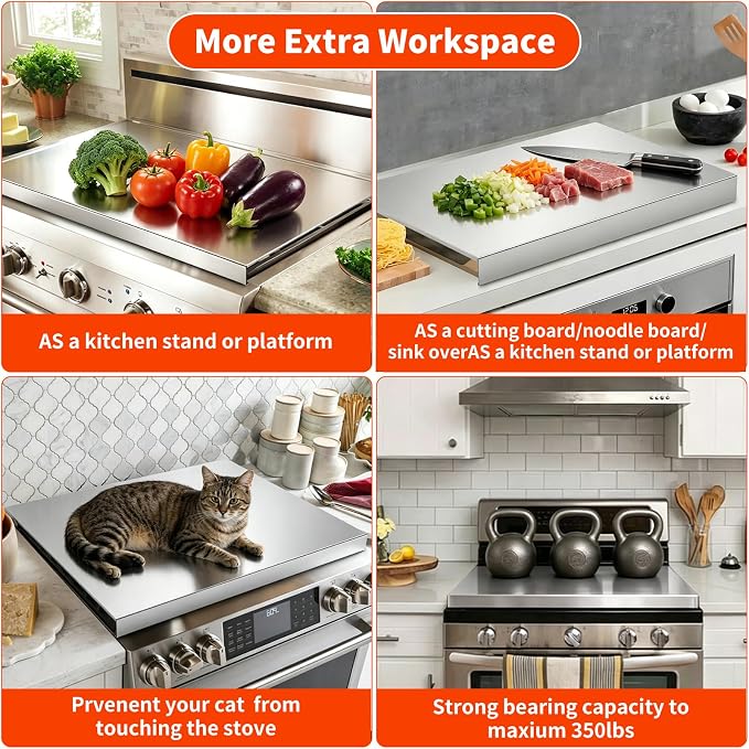 Gas Noodle Board Stove Cover: Mineye Gas Stove Top Cover Stainless Steel, Gas Stove Cover Board for Gas and Electric Stove Range Expanding Kitchen Space, Sliver, Large Size 30"x 22"x2.6"
