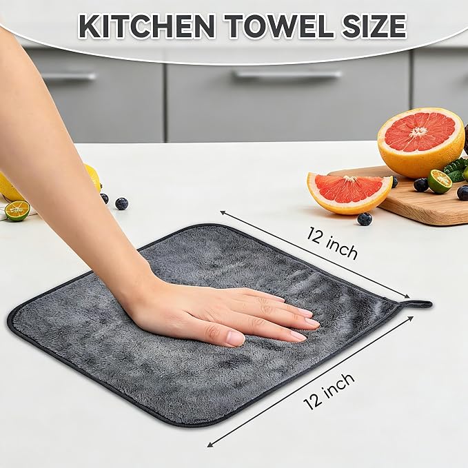 Microfiber Cleaning Cloths, 6 Pack Gray Kitchen Towels | 12x12 Inch, Ultra Soft Absorbent, Lint Free Dish Towels with Hanging Loop, Reusable for Kitchen, Car & Household