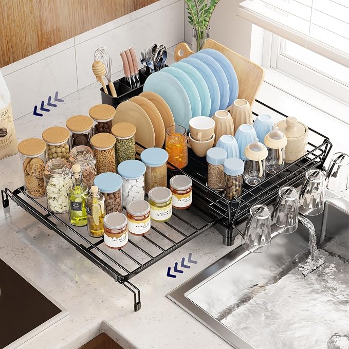 Simple Trending Dish Drying Rack - Expandable Dish Rack for Kitchen Counter, Large Capacity Dish Drainer, Stainless Steel Dish Strainer with Utensil & Cup Holders, Black