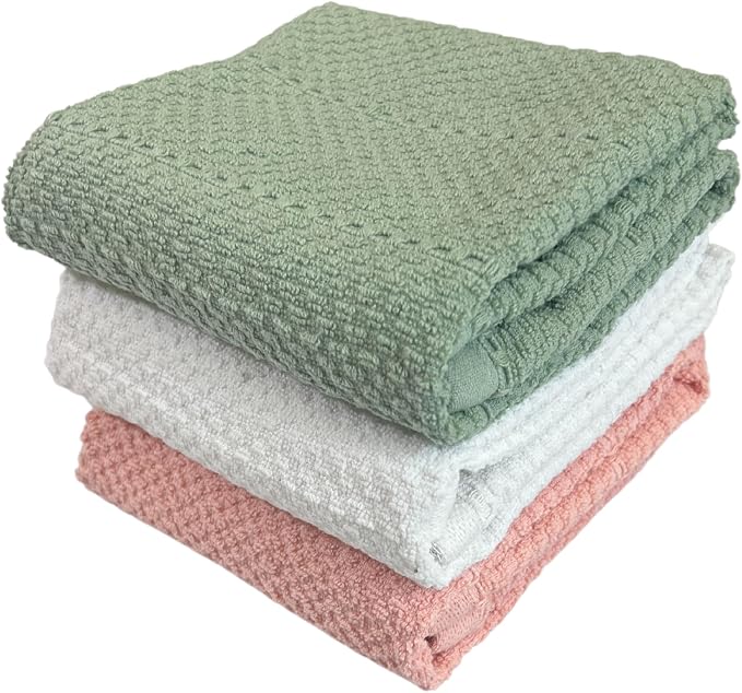 Sage Pink White Kitchen Hand Dish Towels, Set of 3, 100% Cotton, 18" x 28" | Terry Loop Textured, Soft & Absorbent Cleaning Cloth, Quick Dry, Multipurpose for Everyday Use