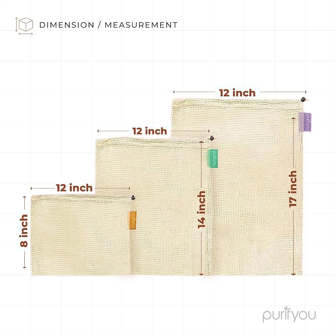purifyou Set of 9 Reusable Organic Cotton Produce Bags – Heavy Duty Double-Stitched Mesh, Unbleached, Drawstring Closure – 2 XL (12x20), 5 L (12x14), 2 S (12x8)