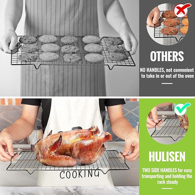 HULISEN Cooling Rack 2-Pack, 16 x 10 Inch Nonstick Baking Rack with Handles | Fits Half Sheet Pan, Oven Safe 500°F, Easy Lift Design for Cookies, Cakes & Baked, Cookie Cooling, Baking, Cooking, Grilling