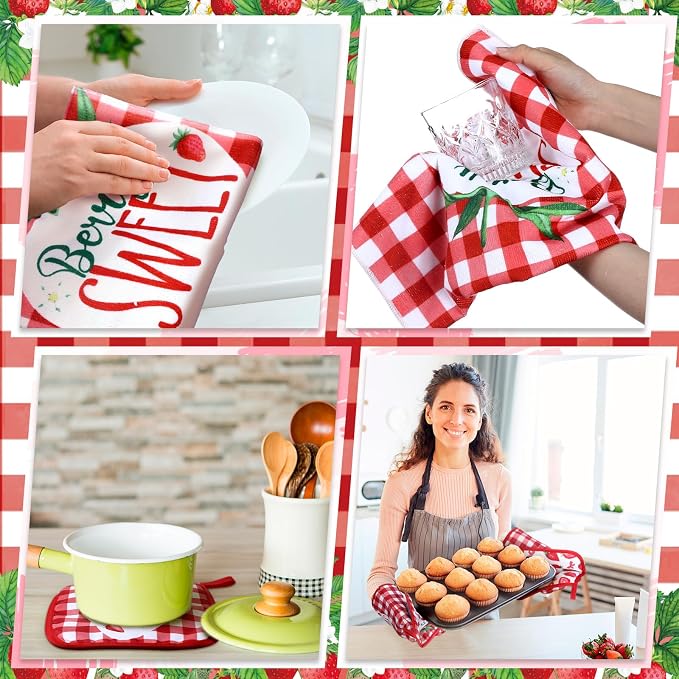 Fourluoo 10 Pcs Strawberry Kitchen Dish Towels Rugs Oven Mitts and Pot Holders Set Farmhouse Kitchen Decor Set for Women Mom Daughter Gift Cooking Baking Grilling (Red and White)