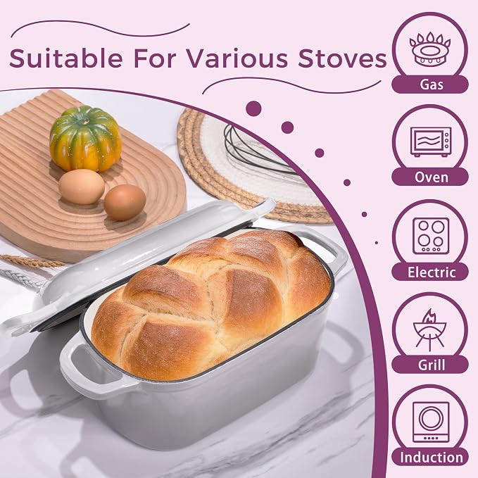 4.6-Quart Oval Dutch Oven for Bread Baking | 2 in 1 Cast Iron Bread Pan with Lid, Sourdough Baking Pan for a Crispy Crust, Oyster Grey