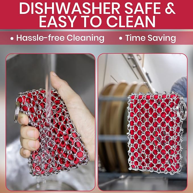 316L Cast Iron Scrubber Chainmail - Chain Mail Scrubber for Skillet, Pan | Cast Iron Cleaner Scrubber and Bamboo Cloth Set - Stainless Steel Chainmail Scrubber for Dutch Oven - Essential Accessory