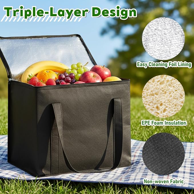SHENLIU Set of 6 Large Insulated Reusable Grocery Bags, Foldable Washable | Heavy Duty Cooler Totes with Sturdy Zipper and Handles Insulated Food Delivery Bag for Hot and cold Food 16.1" x 13" x 10.2"
