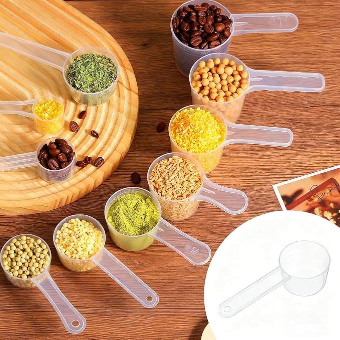 Long handle Clear Plastic Measuring Scoops 2 Pack - 15ml 10ml 5ml 3-in-1 Multi-Measurement Scoopers for Protein Powder, Creatine, Supplements and Liquids - Food Grade BPA Free PP Material