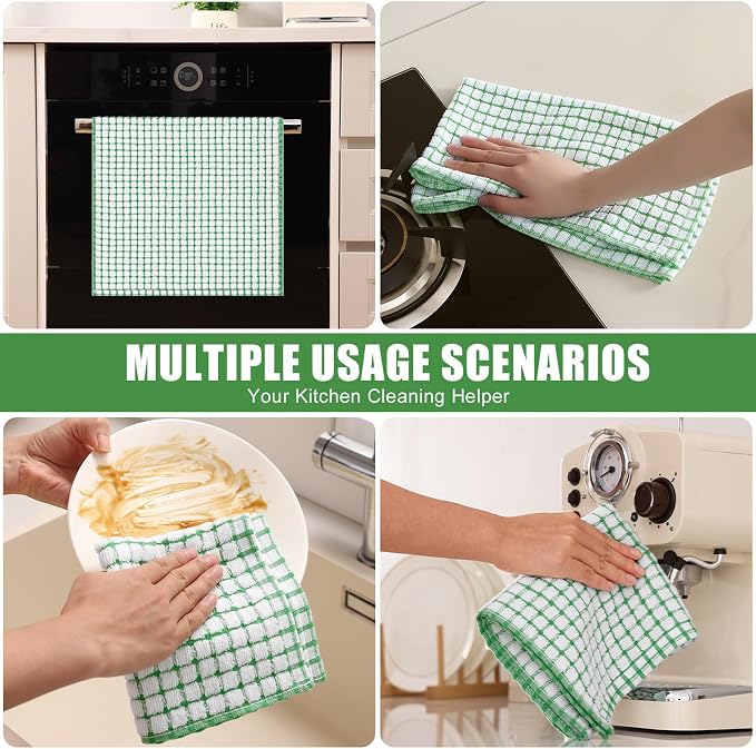 Mordimy Premium Cotton Kitchen Towels 16"x 25", Green Check Design, 8 Pack | Super Absorbent Terry Kitchen Hand Towels, Large Natural Ring Spun 360 GSM Dish Towels, Soft Tea Towels with Hanging Loop