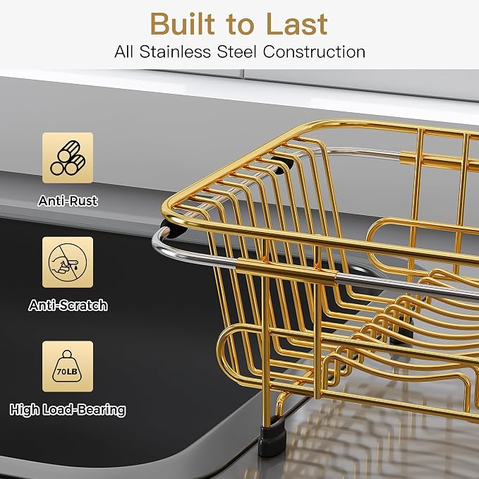 JASIWAY Gold Dish Drying Rack in Sink with Utensil Holder, RV, Apartment | Over Sink Expandable Stainless Steel Dish Drainers for Compact Kitchen, Space Saving, Fast Drain, Rustproof, For 1-2 people