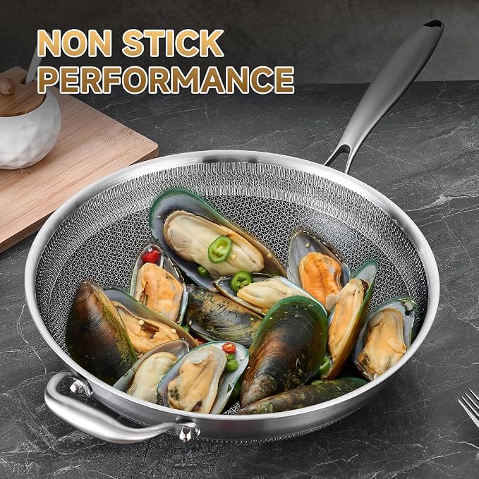 Hybird Nonstick Wok Pan with Steel Lid | 14.5-Inch | Detachable Handle | Non Toxic | Tri-Ply Stainless Steel | Ceramic Coating | Stir Fry Pan | Induction Compatible | Dishwasher & Oven Safe