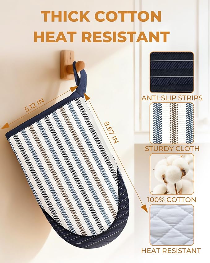 100% Thick Cotton Mini Oven Mitts Silicone Grip Colorful Stripe | Elegant Classic Oven Mitts for Women, Machine Washable, Non-Slip, Reversible Design Fits Both Hands, Stylish Kitchen Decor