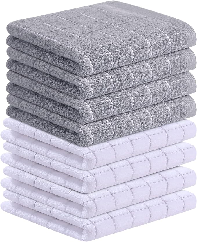Homaxy 100% Cotton Terry Kitchen Towels, 8 Pack, White and Light Grey | Ultra Soft and Absorbent Dish Towels for Kitchen, Suitable for Drying and Washing Dishes