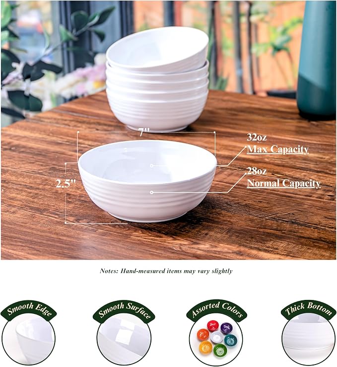 7-Inch Melamine Bowls (Set of 6) - Unbreakable and Reusable Plastic Dinnerware with Ceramic Feel, Stackable and Dishwasher-Safe - Versatile for All Meals (White)