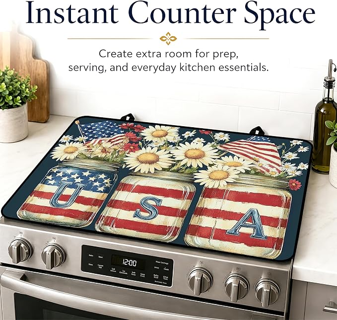 Patriotic Electric Stove Top Cover | Heat Resistant Glass Cooktop Protector for Kitchen Ceramic Countertops, Multiuse Stove Cover and Dish Drying Mat