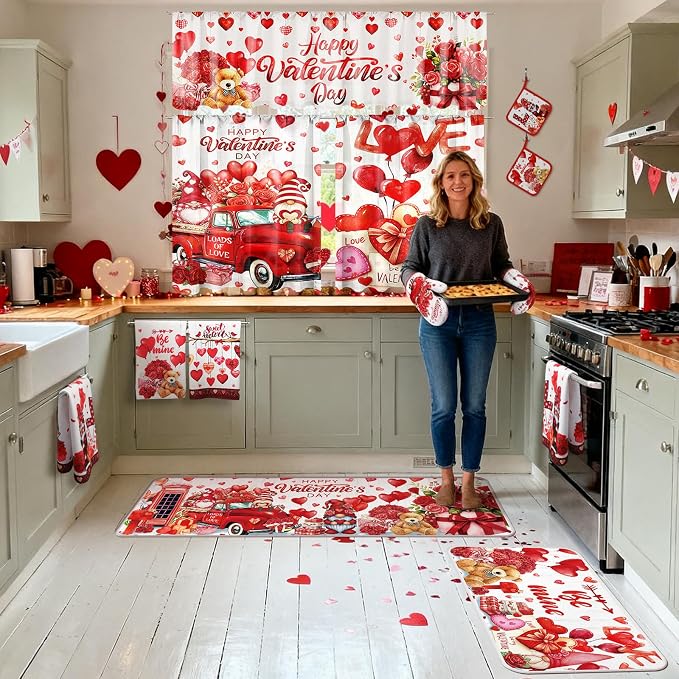 13 Pcs Valentine's Day Kitchen Sets with Kitchen Towels Non Slip Mats Curtains Valance Pot Holders Oven Mitts Red Love Heart Home Decor Accessories Sets for Valentines Cooking Grilling Baking Gift
