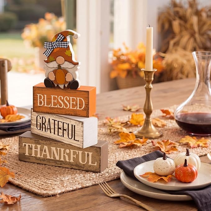 Lineshading 4 Pcs Fall Gnome Block Signs Thanksgiving Tiered Tray Decor | Wooden Blessed Grateful Thankful Signs, Rustic Gnome Centerpiece, Harvest Party Kitchen Shelf Farmhouse Decorations
