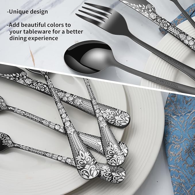 40 Piece Black Silverware Set, Stainless Steel Flatware Cutlery Set Service for 8, Mirror Polished Tableware Eating Utensils Set for Home Kitchen, Include Knife Fork Spoon Set, Dishwasher Safe