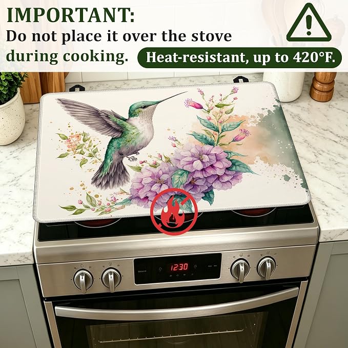 Stove Top Cover Hummingbird and Flowers 28.5x20.5Inch for Electric Stove,Heat Resistant Silicone Cooktop Protector,Glass Stove Cover Mat,Anti Scratch Countertop Protector