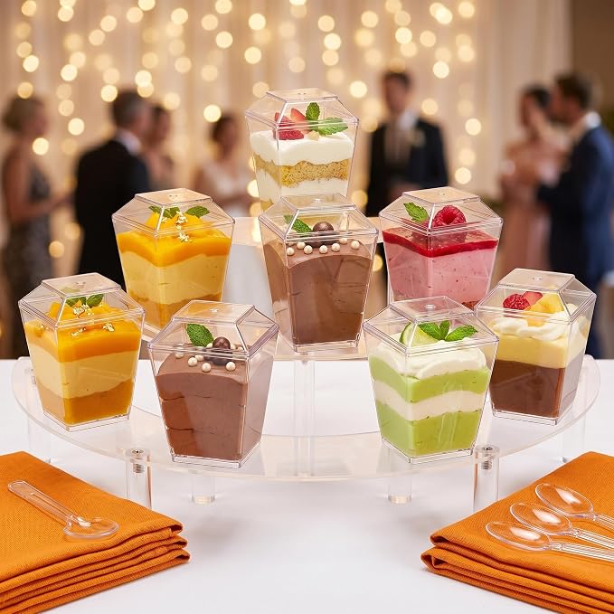 Dessert Cups with Lids and Spoons, 5 oz Clear Trapezoid, 75 Piece Set | For Parfaits, Mousse, Pudding, Fruit and Appetizers, For Weddings, Birthdays and Parties