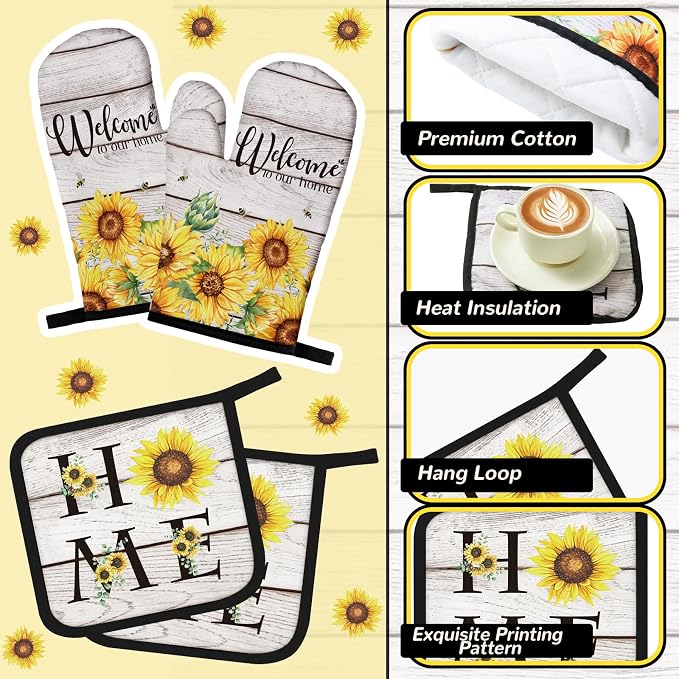 Fourluoo 10 Pcs Farmhouse Sunflower Kitchen Decor Set Sunflower Kitchen Towels and Rugs Oven Mitts Pot Holders for Cooking Baking Grilling Gift