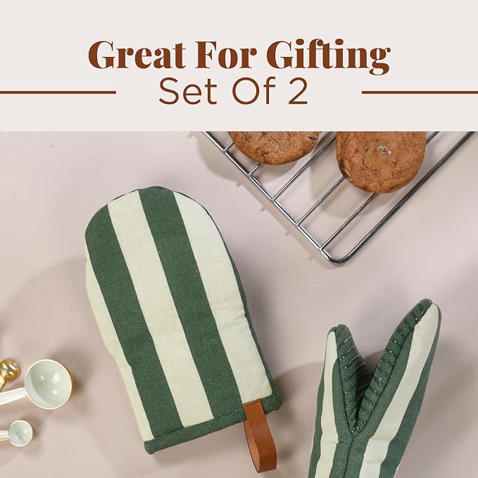 Folkulture Oven Mitts, Matcha Green, Set of 2, Heat Resistant - (5.75"x9") | 100% Cotton, Non Slip, Silicone, Cute Striped Mini Mits with Hanging Loop, Kitchen Décor, Cooking Gifts, New Home Essentials