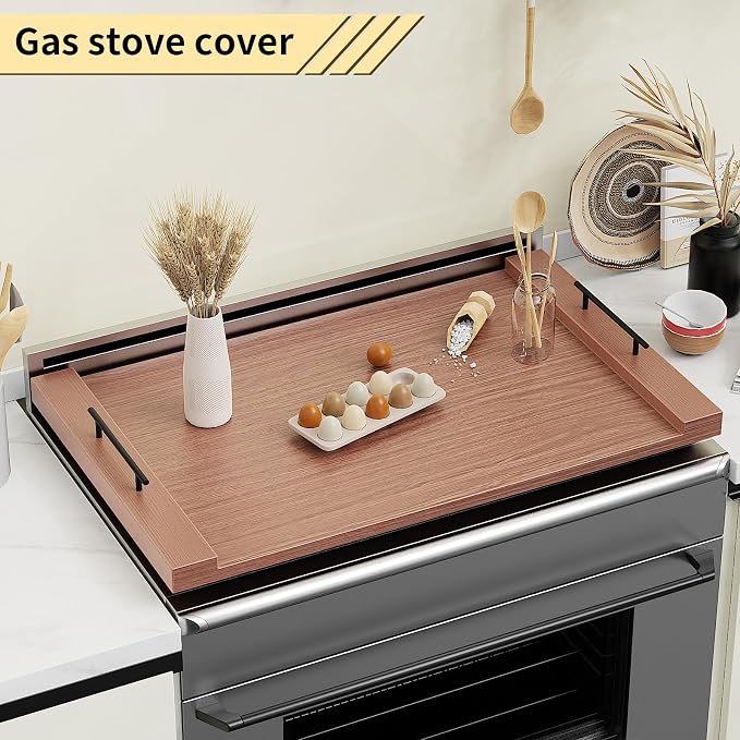 Walnut-colored Wood Noodle Board Stove Cover with Handles - 30x22 Large Stove Top Covers for Gas Burners, Decorative Wooden Stove Topper for Electric Range, Extra Counter Space for Farmhouse
