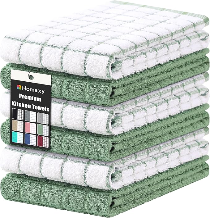 Homaxy Large Premium Cotton Kitchen Towels 16"x 28", 6 Pack, Grass Green | Natural Ring Spun 390 GSM Dish Towels, Super Absorbent Terry Kitchen Hand Towels, Soft Tea Towels with Hanging Loop