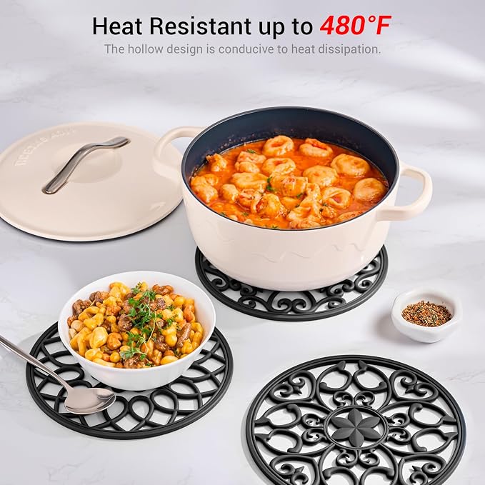 SMARTAKE 3 Set Silicone Trivet Mats for Hot Dishes Pots and Pans (Black) | Heat Resistant Pots and Pans Holders, Non-Slip Flexible Pads Coasters for Countertops Table, Modern Kitchen Decor Accessories