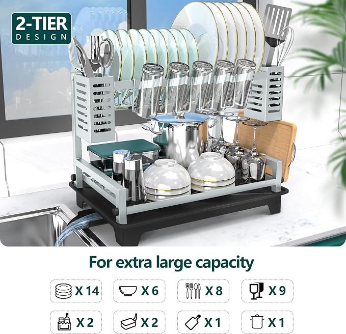 Dish Drying Rack, Rust-Proof 2 Tier Dish Racks for Kitchen Counter | Large Dish Drying Rack with Drainboard & Utensil Holders, Dish Drainers,Kitchen Organization