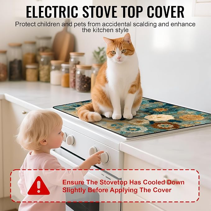 NYZE Stove Top Cover for Electric Stove 28x20 Inch Silicone Stove Topper & Protector, Decorative Kitchen Mat for Electric/Glass Stove Top (Cream & Gold Floral Tree)