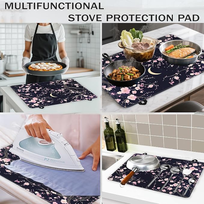Electric Stove Top Cover,Pink Peach Blossom Stove Cover for Glass Top Electric Stove,Moon Night Heat Resistant Flat Top Stove Mat Countertop Protector, 28 x 20 Inch