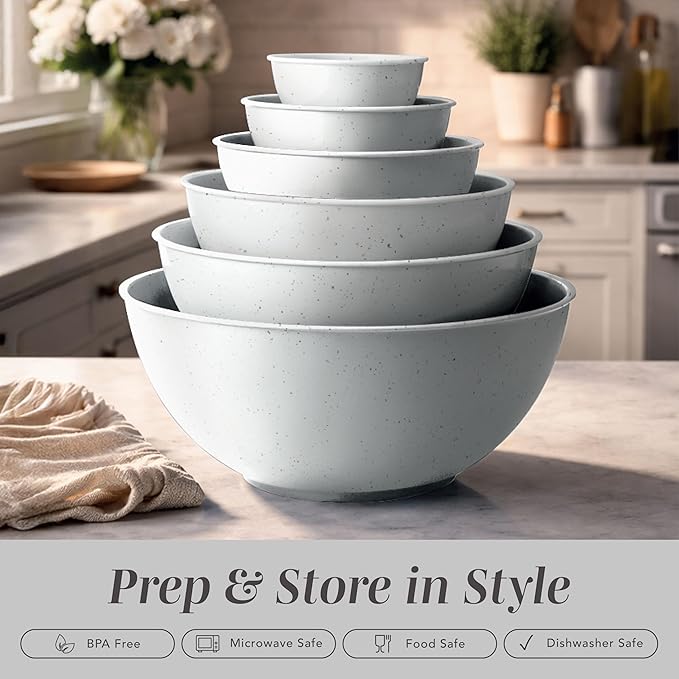 COOK WITH COLOR Mixing Bowls with TPR Lids - 12 Piece Plastic Nesting Bowls Set includes 6 Prep Bowls and 6 Lids, Microwave Safe Mixing Bowl Set (Speckled White)