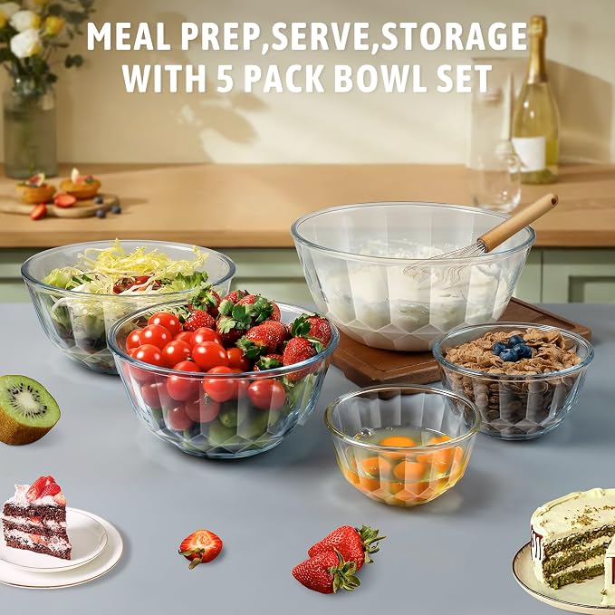 Glass Mixing Bowls with Airtight Lids, 5 PCS Thick Glass Nesting Bowls | Serving bowl For Kitchen Baking, Meal Prepping and Salad, Bpa Free Dishwasher Microwave and Oven Safe, 0.5/0.8/1.6/2.7/4.4 Q