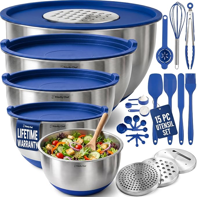 Stainless Steel Mixing Bowls with Lids Set, Metal Nesting Bowls with Airtight Lids, Graters, Non-Slip Base & Measurement Marks, Includes Utensil Set for Prep, Baking & Storage, Blue
