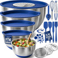 Stainless Steel Mixing Bowls with Lids Set, Metal Nesting Bowls with Airtight Lids, Graters, Non-Slip Base & Measurement Marks, Includes Utensil Set for Prep, Baking & Storage, Blue