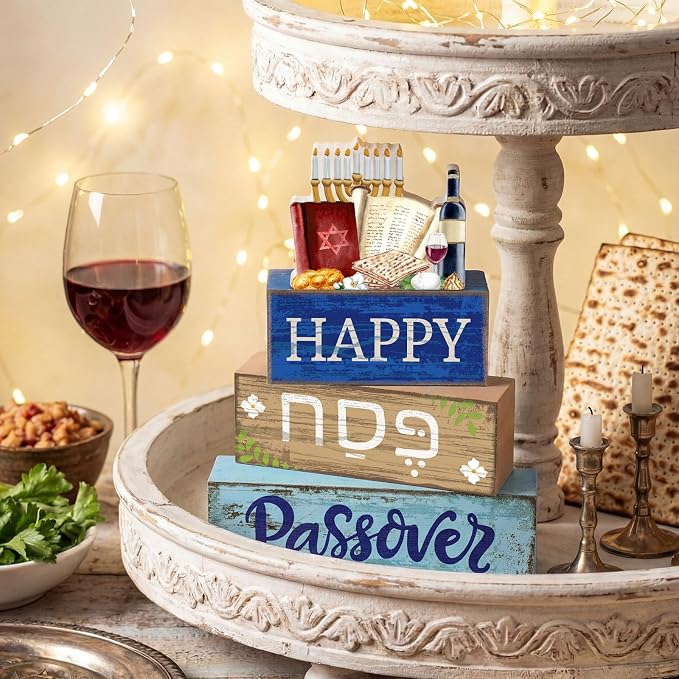 Lineshading 4 Pcs Wooden Passover Block Signs Farmhouse Tiered Tray Decor | Rustic Tabletop Centerpiece, Hebrew Text Design, Menorah Wine Matzo Elements, Gift for Jewish Home Table Decoration