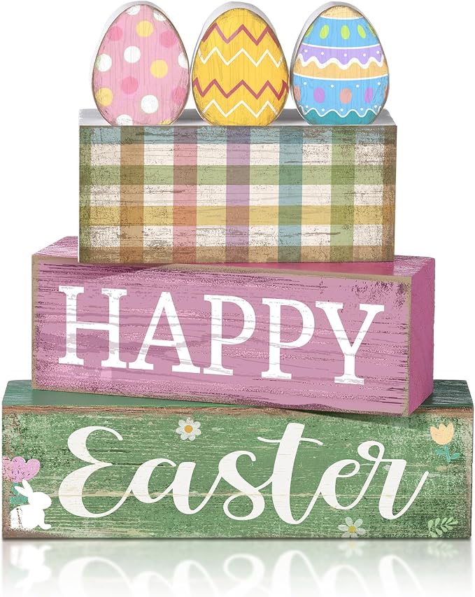 Lineshading 4 Pcs Easter Wooden Block Signs, Farmhouse Tiered Tray Decor | Includes 3 Painted Eggs and Happy Easter Sign Blocks, Rustic Wood Finish for Spring Home Mantle Shelf Centerpiece