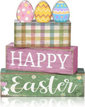 Lineshading 4 Pcs Easter Wooden Block Signs, Farmhouse Tiered Tray Decor | Includes 3 Painted Eggs and Happy Easter Sign Blocks, Rustic Wood Finish for Spring Home Mantle Shelf Centerpiece