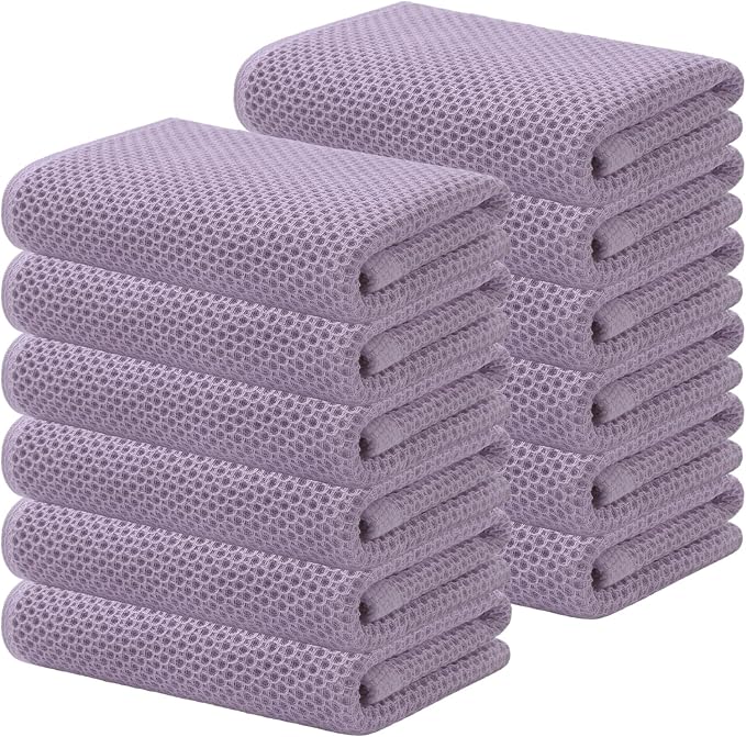 Kitinjoy 100% Cotton Waffle 12-Pack Kitchen Towels, 13" x 28", Lavender | Super Soft, Ultra-Absorbent, Fast Drying, lightweight, Quick Drying Kitchen Hand Towels