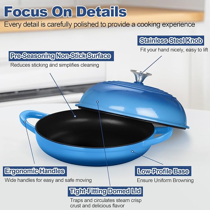 TeamFar Cast Iron Bread Dutch Oven, 6 Qt Enameled Dutch Oven Pot | for Sourdough Bread Baking, with Tall Dome Lid & Round Base Pan, Self-Basting & Even-Heating, Heavy-Duty & Non-stick, Blue