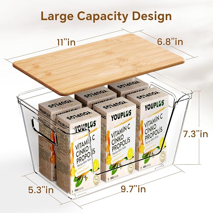 4 Set Pantry Organizers and Storage with Bamboo Lids, Stackable Clear Bins for Onion, Potato, Fruit, Vegetables, Trash Bag Dispenser, Kitchen and Under Sink Organizer
