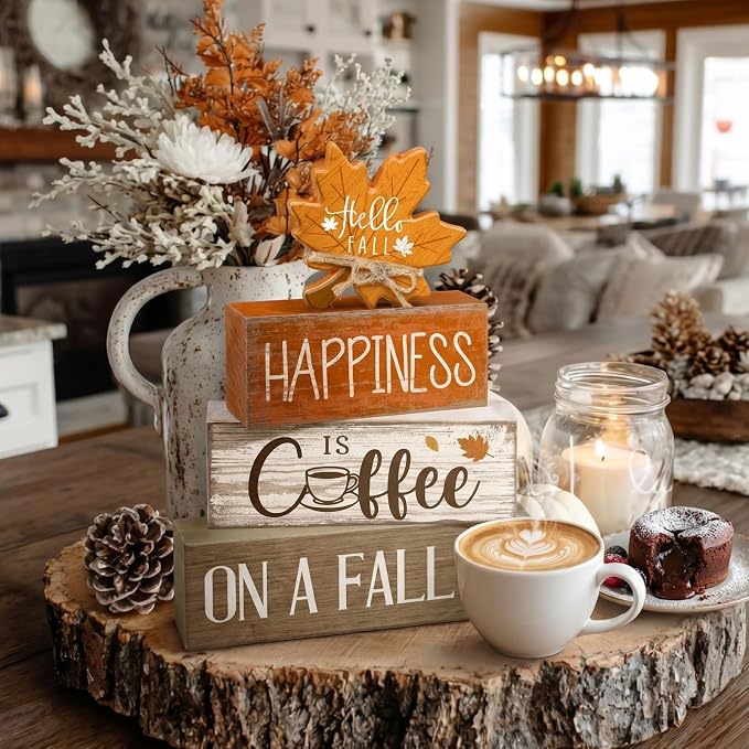Lineshading 4 Pcs Fall Block Signs, Wooden Farmhouse Tiered Tray Decor | Stackable Rustic Wood Blocks with Maple Leaf Topper, Coffee Happiness Quote, Perfect for Tabletop Mantel Shelf Display