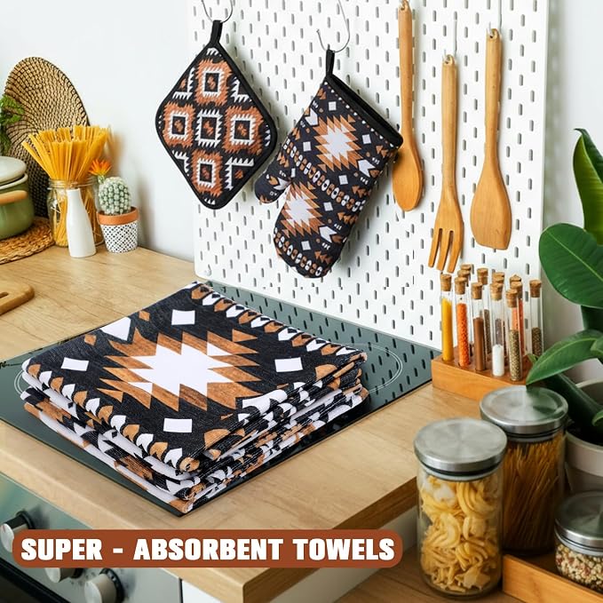 13 Pcs Western Aztec Kitchen Decor Set with Western Kitchen Towel American Decorative Nonslip Mats Curtains Southwest Valance Pot Holders Oven Mitts for Home Decoration Cooking Baking Gift