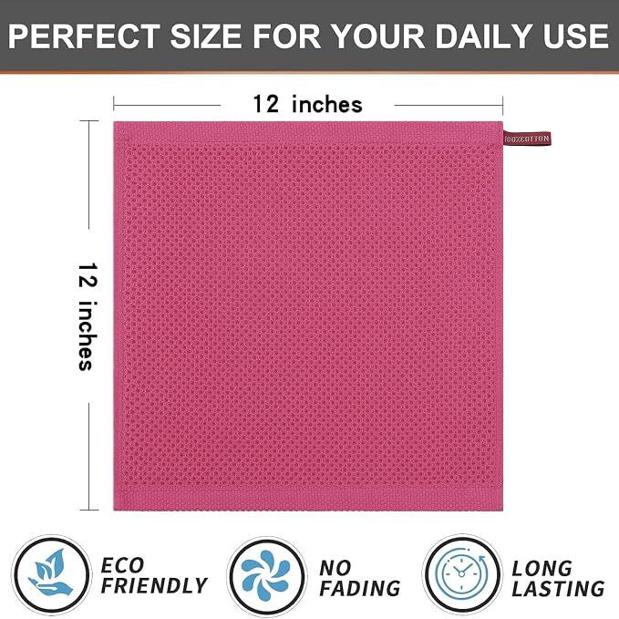 Kitinjoy 100% Cotton Waffle 8-Pack Kitchen Towels, 12" x 12", Hot Pink | Ultra Absorbent, Super Soft, lightweight, Quick Drying Dish Rags for Washing Dishes