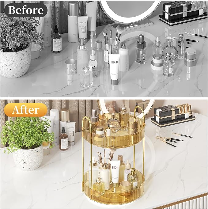 Rotating Makeup Organizer Countertop, 2 Tier, Gold | Skincare Organizers, Spinning Perfume Tray Stand, Makeup Storage Organizer for Vanity, Bathroom Organizer, Lazy Susan