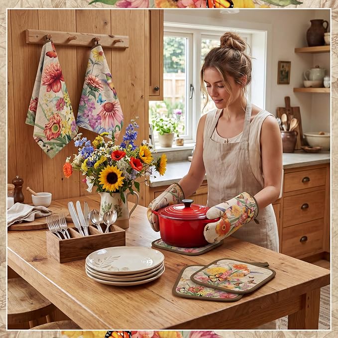 SiliFine 12 Pcs Summer Hummingbird Kitchen Accessories Set Hummingbird Oven Mitts Vintage Floral Flower Pot Holders Butterfly Kitchen Towels for Home Decorations, Cooking Baking Gifts